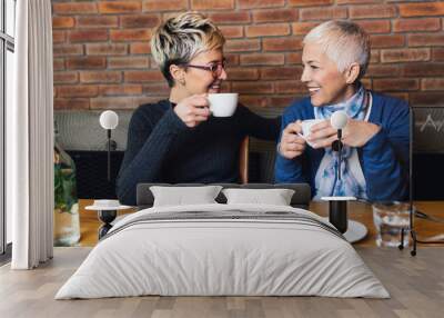 Senior mother sitting in cafe bar or restauant with her middle age daughter and enjoying in conversation. Wall mural