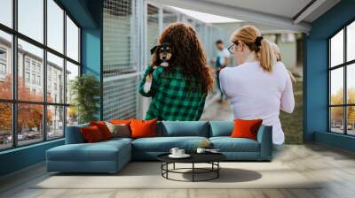 Two young adult women adopting beautiful dogs at animal shelter. Wall mural