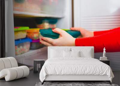 Woman placing container with frozen mixed vegetables in refrigerator. Wall mural