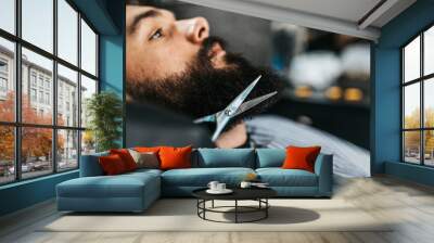 Young good looking man visiting barber shop. Trendy and stylish beard styling and cut. Wall mural