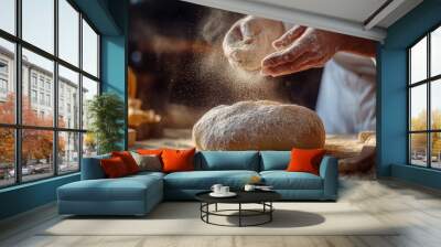 Crafting artisanal bread in a warm bakery at dawn with flour dusting the dough Wall mural