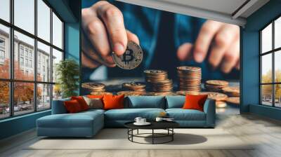 Examining shiny gold coins of cryptocurrency in a cozy workspace during a productive day Wall mural