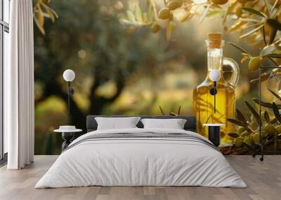 Olive oil being extracted in a rustic mill with fresh olives at sunset Wall mural