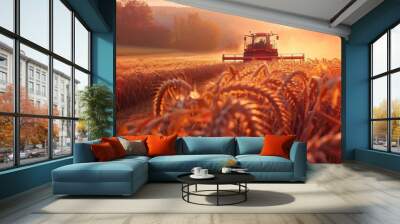 Tractor harvesting wheat at sunset in a rural field Wall mural