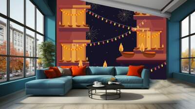 diwali view of a urban city decorated with lights diya fireworks background for Indian festival happy Diwali celebration Wall mural