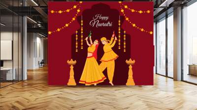 happy Navratri couple playing dandiya in garba night navratri dussehra festival of india Wall mural