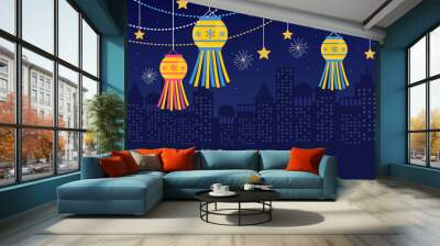 night sky view with fireworks for festival of lights colorful diwali hanging lantern celebrating happy diwali Wall mural