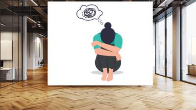 Sad and depressed girl sitting on the floor suffers from mental health disease vector illustration Wall mural