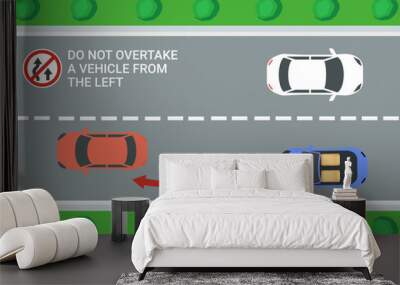 Safety car driving rules and tips Do not overtake a vehicle from the left, always follow traffic rules Traffic offences concept.  Wall mural