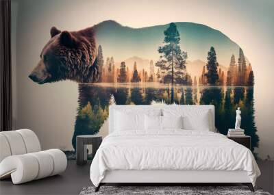 Double exposure of a bear and the forest - Generative AI Wall mural