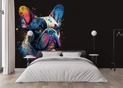 Black and White French Bulldog in paint splatter style on a long plain black background with corporate space created by generative artificial intelligence, generative ai Wall mural