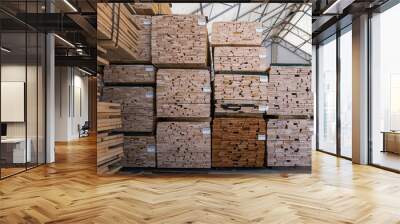 Stacks of lumber on a rack for sale to consumers at a retail hardwood lumber business. Wall mural