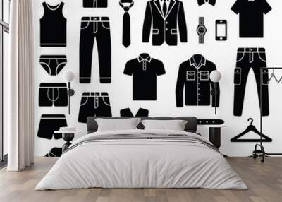 man clothes and accessories collection - fashion wardrobe - vector icon silhouette illustration Wall mural