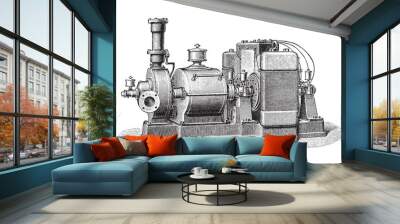 Old steam turbine with electric generator / vintage illustration from Meyers Konversations-Lexikon 1897 Wall mural