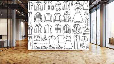 Woman and man clothes and accessories collection - fashion wardrobe - vector icon outline illustration Wall mural