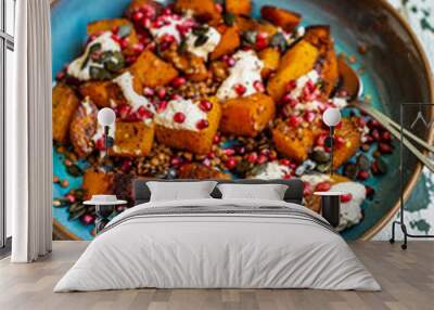 Roasted Butternut Squash with Tahini Yoghurt and Pomegranate Seeds Wall mural