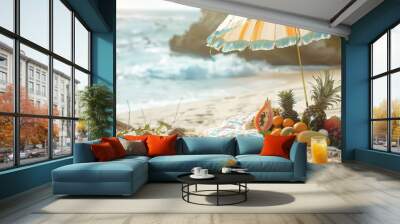 Picnic on a sandy beach, colorful beach umbrella, tropical fruits Wall mural