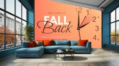 Daylight saving time ends. Fall back concept banner with wall clock face, realistic hands and golden confetti. Clock Dial with hands moving backward by an hour in november 3, 2024. Vector illustration Wall mural