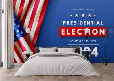 Presidential election USA 2024 banner with realistic national American flag on blue background. Voting day design for web banner, poster, flyer, post in social media. November 5. Vector illustration Wall mural