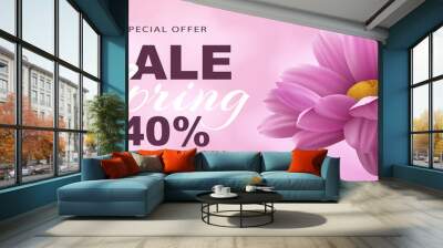 Special offer Spring sale banner with realistic pink chrysanthemum flower on a pink background and advertising discount text decoration. Vector illustration. Wall mural