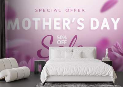 Special offer. Mother's day sale banner with realistic chrysanthemum flowers and advertising discount text decoration. Vector illustration Wall mural