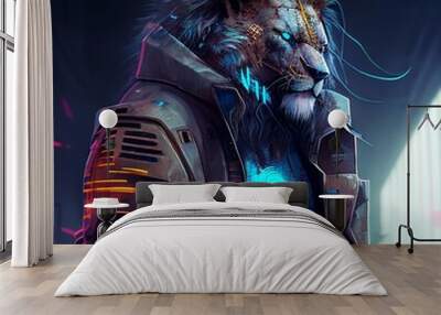 A cyborg lion standing in futuristic city digital art Wall mural