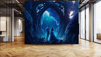 Wedding couple in a blue fantasy world digital art Wall mural