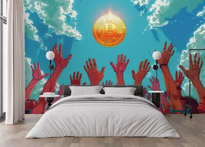 A cartoon-style drawing of many hands reaching towards the sky, with one hand holding up a bitcoin symbolizing money Wall mural