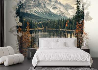 A double exposure of a Canadian wilderness scene with bears, moose, and the Rocky Mountains, seamlessly blended into the shape of Canada’s map. In front are two bottles of Canadian maple syrup. High-r Wall mural