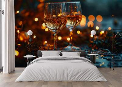 two glasses of champagne on a black background Wall mural