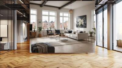 A large living room with a white couch, two chairs, and a coffee table Wall mural