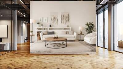 A living room with a white couch, coffee table, and two chairs Wall mural