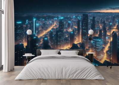 An aerial view of a large futuristic tech city with lots of skyscrapers and glowing luminous roads, generative ai  Wall mural