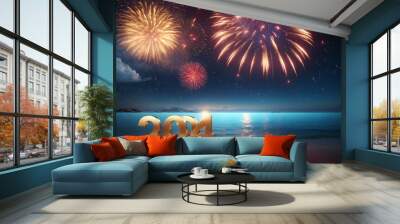 beach at night with fireworks, gold and blue colors, water reflection, and 2024 numbers Wall mural