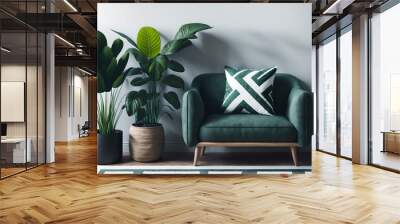 simple urban jungle style interior with green armchair, green plaid, tropical pattern pillow and plant on white wall background. 3d rendering., generative ai Wall mural