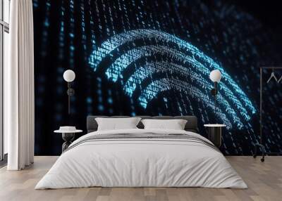  Isolated silhouette of a clean and minimal Wi-Fi symbol representing wireless internet connectivity, crafted in a wireframe plexus style with binary code elements, emphasizing digital connection Wall mural