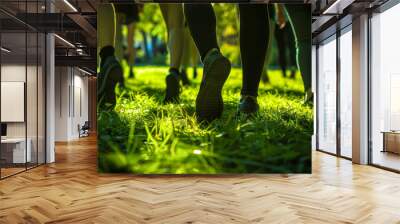  People walking on grass in the park, sunlight filtering through trees. Group walk or outdoor leisure concept. Wall mural