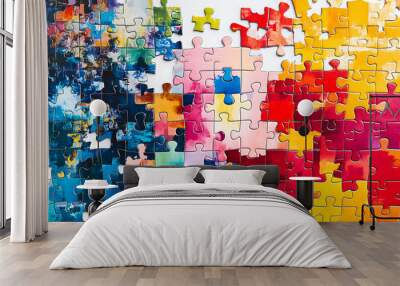 A simple and isolated image of a puzzle on a white background, representing problem-solving, connection, and the process of fitting pieces together to form a whole. Wall mural