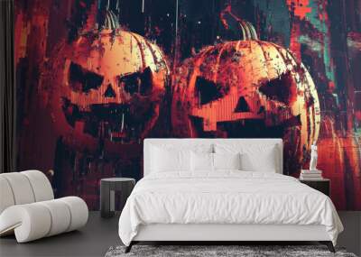 Abstract digital illustration of two jack-o'-lanterns with glitch effect. Halloween concept for design and print, poster, banner.  Wall mural