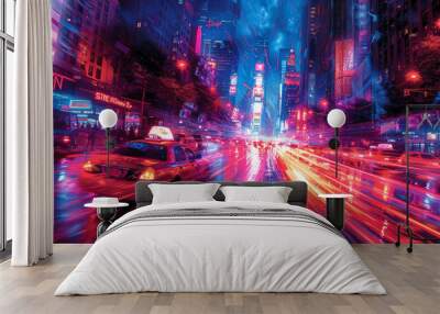 Abstract neon light trails weave a vibrant tapestry across a bustling cityscape at night. The fast taxi car is leaving. City background. Wall mural