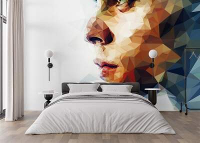 An illustration of a man's face in geometric low poly style on a white background, highlighting modern design and digital art. The image emphasizes the angular and faceted structure of the face, symbo Wall mural