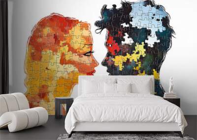 An isolated image of a couple puzzle, symbolizing connection and relationships, with two pieces fitting together perfectly Wall mural