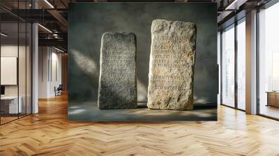 Ancient stone tablets featuring inscribed commandments, representing a powerful historical and religious symbol of moral and ethical guidelines Wall mural