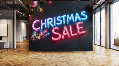 Bright neon Christmas sale sign surrounded by festive decorations in a cozy winter setting Wall mural