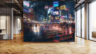 Busy city intersection at night with illuminated billboards, colorful lights, and reflections on wet streets creating a vibrant and energetic urban scene. Wall mural