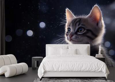 Close-up of a tabby kitten looking up at night with bokeh lights in the background. Adorable kitten and animal illustration concept. Wall mural