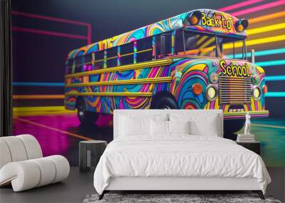 Colorful school bus with vibrant back to school sign in neon light setting. Back to school and education concept for design and print. Wall mural