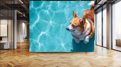 Corgi dog swimming in a clear blue pool on a sunny day. Aerial view pet photography with reflections in the water. Summer and vacation concept for design and print. Wall mural