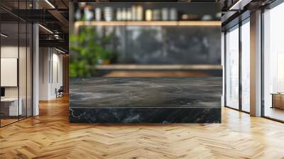 Dark marble  countertop. Grey table top. Blurred kitchen interior background. Empty space for product. Mockup.  Wall mural