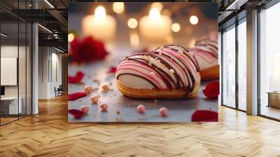 Delicious heart-shaped pastries decorated with chocolate and pink icing on a romantic table with candles and rose petals Wall mural